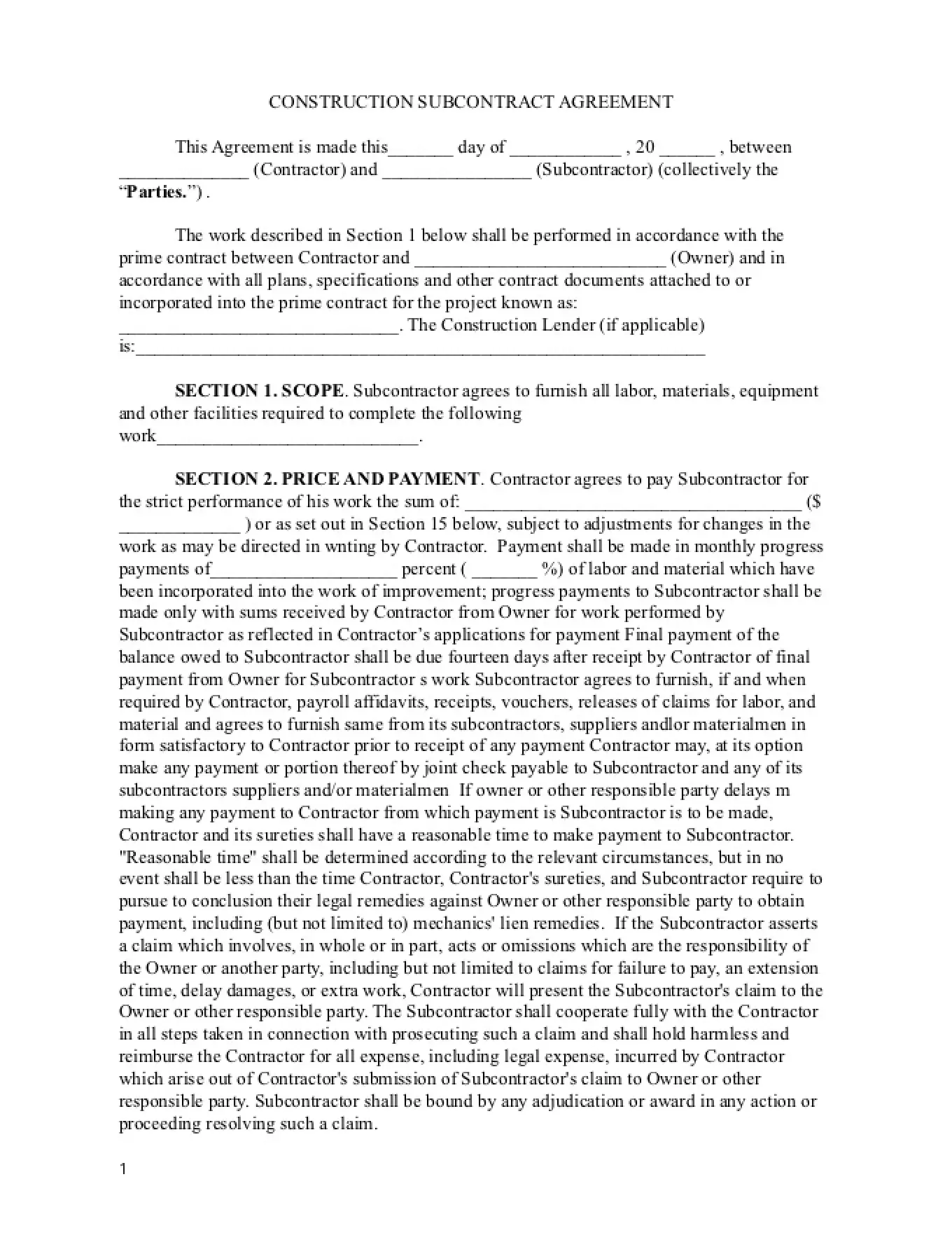 Construction Subscontract